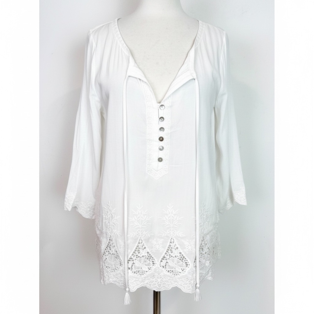 ANDREE BLUE OFF-WHITE EYELET HEM LONG SLEEVE TIE NECKLINE BOHO BLOUSE SZ LARGE